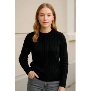 Kadın Bisiklet Yuvarlak Yaka Triko Kazak Pamuklu Kalın Fitilli Dokuma, Regular Fit Uzun Kollu Kışlık Model - Siyah