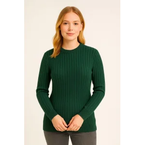 Kadın Bisiklet Yuvarlak Yaka Triko Kazak Pamuklu Kalın Fitilli Dokuma, Regular Fit Uzun Kollu Kışlık Model - Haki