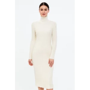 Kadın Boğazlı Triko Elbise – Uzun Fitilli Esnek Dokuma, Tam Kalıp, Kışlık & Baharlık Şık Rahat Stil, 130 cm Midi Boy Elbise - Beyaz