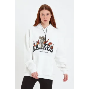 Kadın Oversize Kapüşonlu Cepli Baskılı 3 İplik Pamuklu Hoodie Sweatshirt - Beyaz