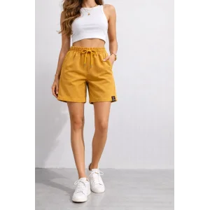 Kadın Dokuma otoban Şort Beli Lastikli Bağcıklı, Cepli, Rahat Kesim Günlük Yazlık Şort - Hardal