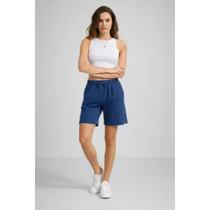 Kadın Dokuma otoban Şort Beli Lastikli Bağcıklı, Cepli, Rahat Kesim Günlük Yazlık Şort - İndigo