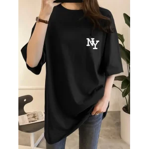 Kadın Eğlenceli Harf NY Baskılı Bisiklet Yaka Tişört - Polyester Makinede - Siyah