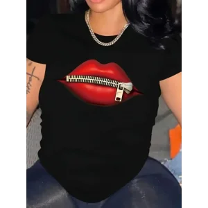 Kadın Kısa Kol Yazlık Tişört Bisiklet Yaka Dudak Baskılı T-Shirt - Siyah