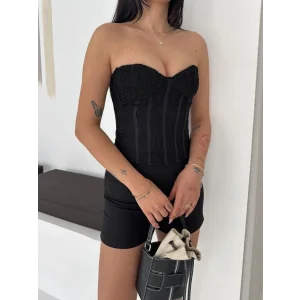 Kadın Fermuarlı Dantel Korse Straplez Bustiyer Transparan Şık Top - Siyah