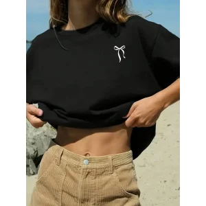 Kadın Tişört fiyonk baskılı Bisiklet yaka yazlık Kısa Kol oversize t-shirt - Siyah