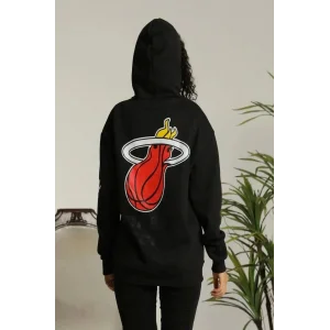 Kadın Oversize Kapüşonlu Cepli Baskılı 3 İplik Pamuklu Hoodie Sweatshirt - Siyah