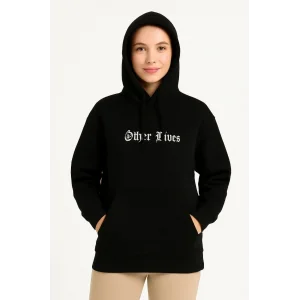 Kadın Kapüşonlu Kanguru Cepli Sweatshirt 3 İplik Pamuklu Baskılı Hoodie - Siyah