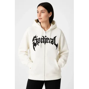 Kadın Kapüşonlu 3 İplik Pamuklu Önü Baskılı Fermuarlı Oversize Hoodie Sweatshirt - Beyaz