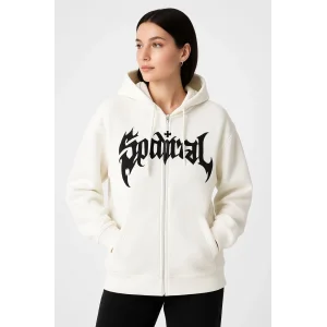 Kadın Kapüşonlu 3 İplik Şardonlu Önü Baskılı Fermuarlı Oversize Sweatshirt - Beyaz
