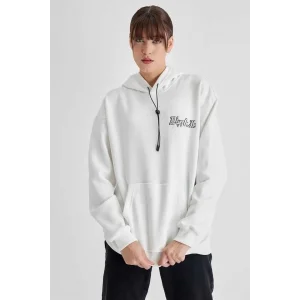 Kadın Kapüşonlu Sırt Baskılı Üç İplik Oversize Sweatshirt - Beyaz