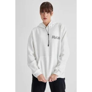 Kadın Oversize Kapüşonlu Cepli TUPAC Baskılı 3 İplik Pamuklu Hoodie Sweatshirt - Beyaz