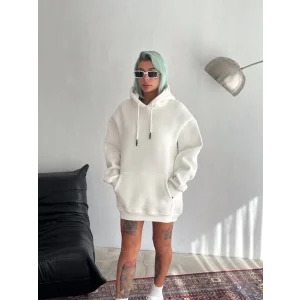 Kadın Kapüşonlu Kanguru Cepli 3 İplik Pamuklu Oversize Hoodie Sweatshirt - Beyaz
