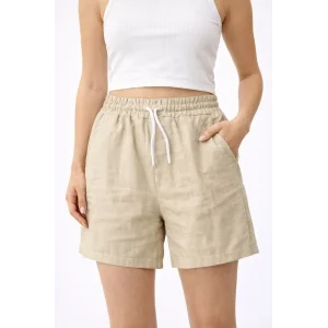Kadın Keten Kumaş Cepli Rahat Kesim Bel Lastikli Şort - Bej