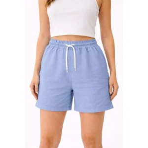 Kadın Keten Kumaş Cepli Rahat Kesim Bel Lastikli Şort - Mavi
