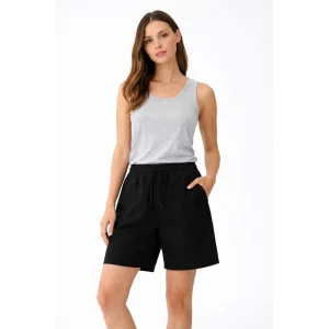 Kadın Keten Kumaş Cepli Rahat Kesim Bel Lastikli Şort - Siyah
