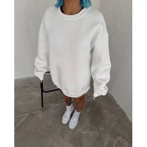 Kadın Bisiklet Yaka 3 İplik Pamuklu Basic SweatShirt - Beyaz