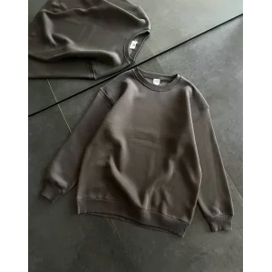 Kadın Bisiklet Yaka 3 İplik Pamuklu Basic SweatShirt - Füme