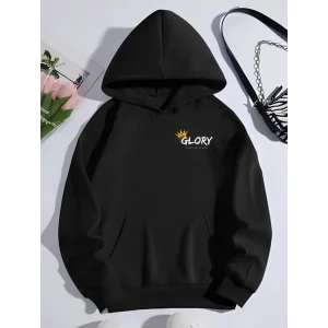 Kadın Oversize Kapüşonlu Kanguru Cepli Baskılı 3 İplik Pamuklu Sweatshirt Hoodie -   Siyah