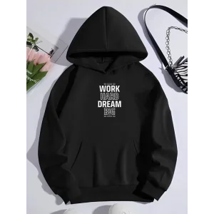 Kadın Oversize Kapüşonlu Cepli Baskılı 3 İplik Pamuklu Hoodie Sweatshirt - Siyah