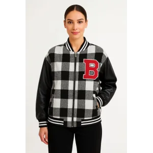 Kadın Kolej Ceket Kareli Oduncu Kolları Suni Deri Fermuarlı İçi Kapitone Astarlı - Gri