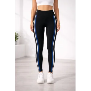 Kadın Likralı Yan Beyaz Mavi Şeritli Detaylı Tayt - Siyah