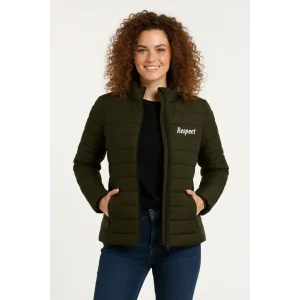 Kadın Mikro Su İtici Kapitone Baskılı Astarlı Fermuarlı Bomber Mont - Haki