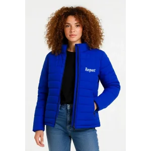 Kadın Mikro Su İtici Kapitone Baskılı Astarlı Fermuarlı Bomber Mont - Saks Mavisi