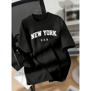 kadın New York Baskılı Tişört Kısa Kol Bisiklet Yaka T-shirt - Siyah