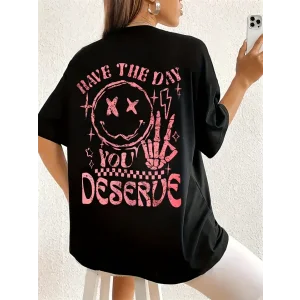 Kadın Kısa Kol Yazlık Tişört Bisiklet Yaka Baskılı Oversize T-Shirt - Siyah