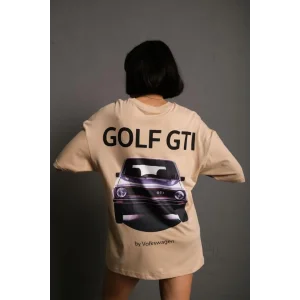 Kadın Oversize Tişört Golf GTI Retro Araba Baskılı T-shirt - Bej