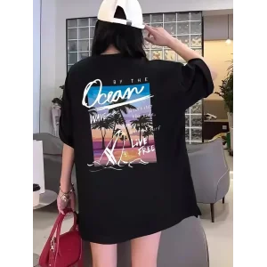 Kadın Kısa Kol Yazlık Tişört Bisiklet Yaka Okyanus Baskılı T-Shirt - Siyah