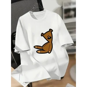 Kadın Tişört Bisiklet yaka Ayı Baskılı yazlık Kısa Kol T-shirt - Beyaz