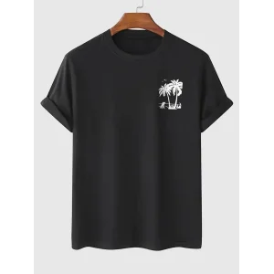 Erkek Kısa Kol Yazlık Tişört Bisiklet Yaka Palmiye Baskılı T-Shirt - Siyah