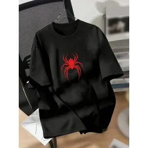 Kadın Kısa Kol Yazlık Tişört Bisiklet Yaka Spider Baskılı T-Shirt - Siyah