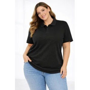 Kadın Pike Kumaş Düğmeli Yaka Battal Büyük Beden Günlük Kısa kol Tişört T-shirt - Siyah