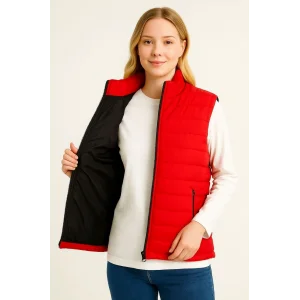 Kadın Şişme Fermuarlı Yelek Su itici Kapitone Astarlı Kumaş Cepli Hafif Kışlık Spor Rahat Kalıp - Kırmızı