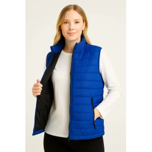 Kadın Şişme Fermuarlı Yelek Su itici Kapitone Astarlı Kumaş Cepli Hafif Kışlık Spor Rahat Kalıp - Saks Mavisi