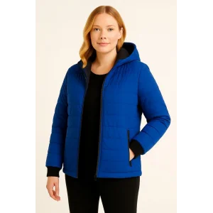 Kadın Şişme Kapüşonlu Fermuarlı Mont Su itici Kapitone Astarlı Kumaş Cepli Kışlık Rahat Kalıp - Saks Mavisi
