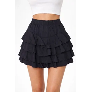 Kadın Siyah Katlı Mini Fırfıtlı Etek Lastikli Yüksel Bel, Volanlı Tasarım, Rahat Kalıp, Günlük ve Şık Kombinelere Uygun Yazlık Etek - Siyah