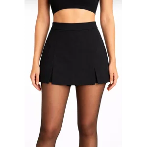 Kadın Siyah Krep Kumaş Şortlu Etek Mini Boy Yırtmaç Detaylı Yüksek Bel Günlük Şık Tasarım - Siyah