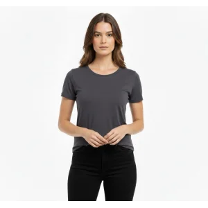 Kadın T-Shirt Bisiklet Yaka Slim Fit Likralı Tişört Günlük Basic Body - Füme