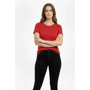 Kadın T-Shirt Bisiklet Yaka Slim Fit Likralı Tişört Günlük Basic Body - Kırmızı