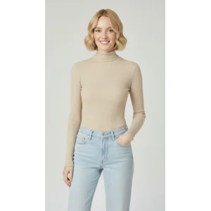 Kadın Tam Boğazlı Fitilli Likrali Kaşkorse Badi İnce Uzun Kollu Kazak - Bej