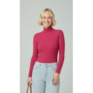 Kadın Tam Boğazlı Fitilli Likrali Kaşkorse Badi İnce Uzun Kollu Kazak - Pembe