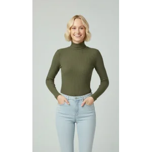 Kadın Tam Boğazlı Fitilli Likrali Kaşkorse Badi İnce Uzun Kollu Rahat Kazak - Haki