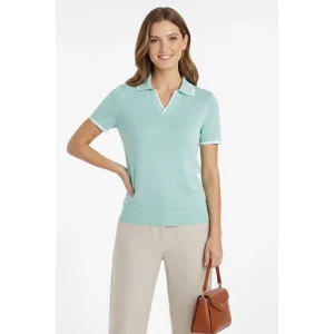 Kadın Triko Kumaş Yakalı Düğmesiz Açık Yaka Fitilli Kısa Kollu Regular Fit Tişört T-shirt - Mint Yeşili