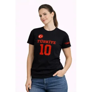 Kadın TÜRKİYE Ay Yıldız Baskılı 10 Numara Forma Tişört Taraftar T-Shirt - Siyah