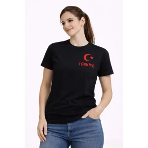Kadın TÜRKİYE Ay Yıldız Baskılı Taraftar Forma T-Shirt - Siyah