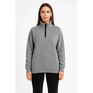 Kadın Üç İplik Dık Yaka Yarım Fermuarlı SweatShirt - Gri